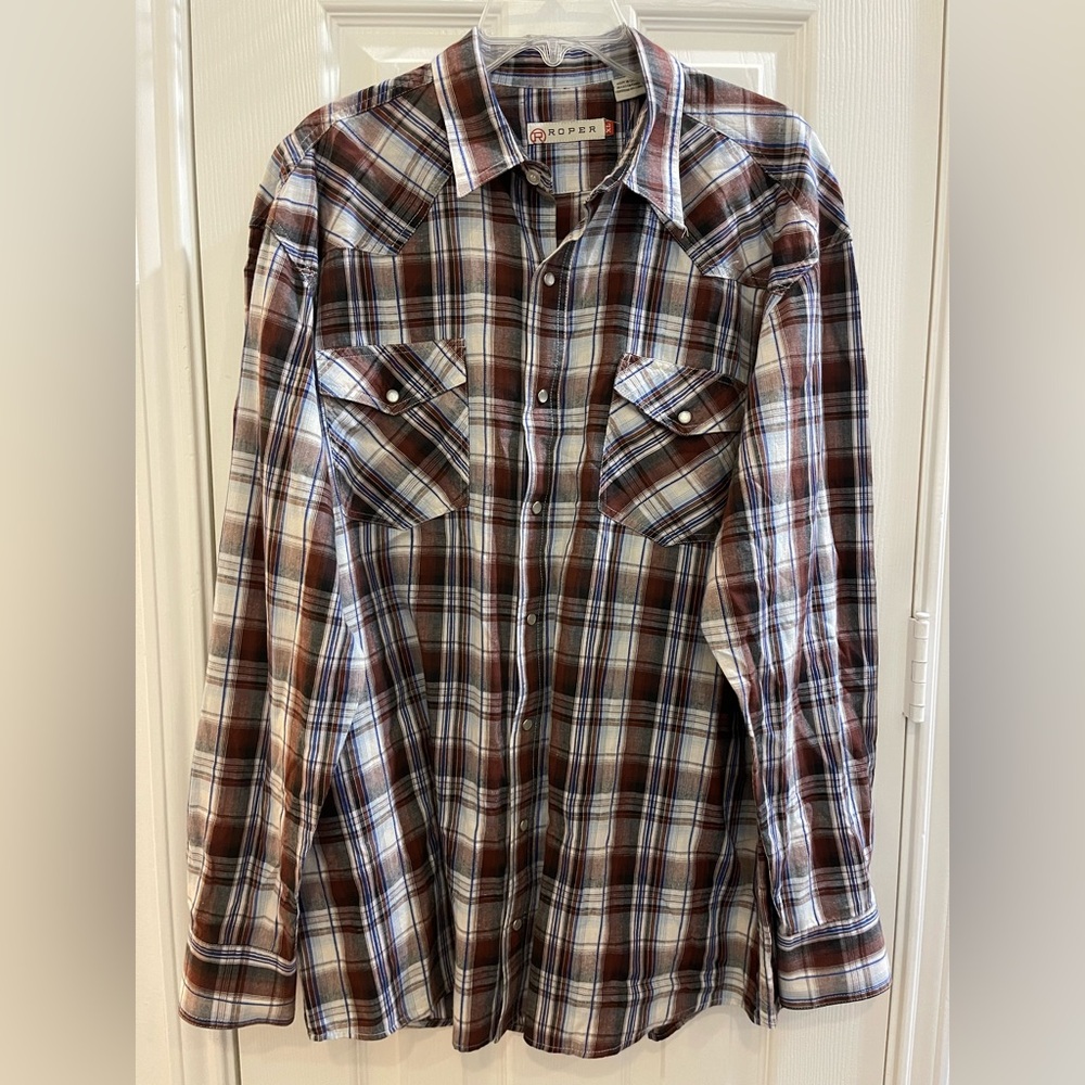 Men's Roper XL Pearl Snap Long Sleeve Button Down Up Western Plaid Shirt Pockets